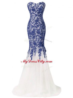 Sophisticated Mermaid Sleeveless Blue And White Formal Dresses Brush Train Zipper