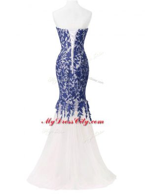 Sophisticated Mermaid Sleeveless Blue And White Formal Dresses Brush Train Zipper