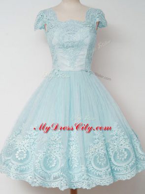 Super Aqua Blue Square Zipper Lace Wedding Guest Dresses Cap Sleeves