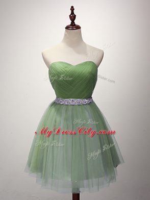 Customized Green A-line Beading and Ruching Quinceanera Court Dresses Lace Up Tulle Sleeveless Mini Length