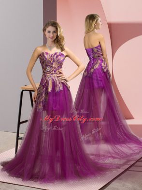 Purple Sweetheart Neckline Appliques Sleeveless Zipper