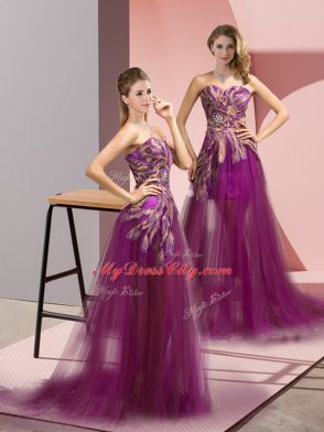 Purple Sweetheart Neckline Appliques Sleeveless Zipper