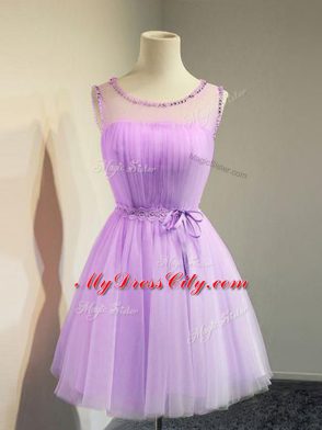 Custom Fit Lavender Sleeveless Belt Knee Length Quinceanera Dama Dress