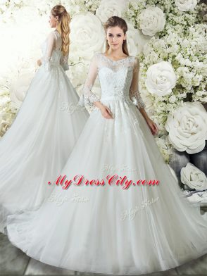 White 3 4 Length Sleeve Lace Zipper Wedding Gowns