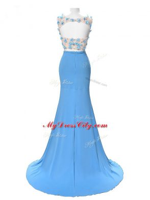 Attractive Blue Sleeveless Chiffon Brush Train Backless for Prom and Military Ball and Sweet 16