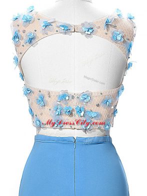Attractive Blue Sleeveless Chiffon Brush Train Backless for Prom and Military Ball and Sweet 16