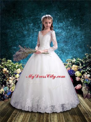 White Ball Gowns Tulle V-neck 3 4 Length Sleeve Lace Floor Length Lace Up Flower Girl Dresses