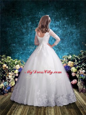 White Ball Gowns Tulle V-neck 3 4 Length Sleeve Lace Floor Length Lace Up Flower Girl Dresses