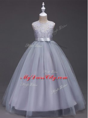 Classical Grey A-line Scoop Sleeveless Tulle Floor Length Zipper Lace Flower Girl Dresses