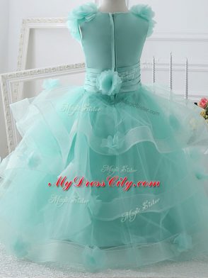 Sleeveless Tulle Floor Length Zipper Little Girls Pageant Gowns in Baby Pink with Ruffles and Hand Made Flower