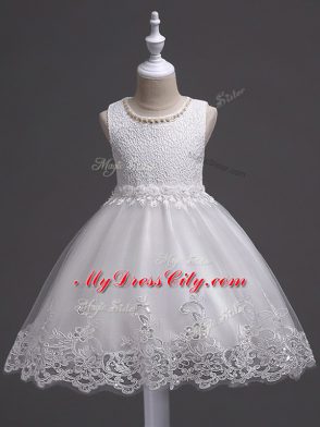 Sleeveless Knee Length Lace Zipper Party Dress for Girls with White