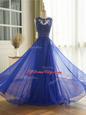 Scoop Sleeveless Dress for Prom Floor Length Appliques Royal Blue Chiffon