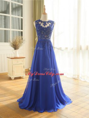 Scoop Sleeveless Dress for Prom Floor Length Appliques Royal Blue Chiffon