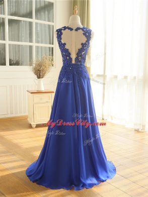 Scoop Sleeveless Dress for Prom Floor Length Appliques Royal Blue Chiffon