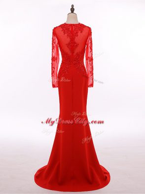 Luxurious Scoop Long Sleeves Mother of the Bride Dress Floor Length Lace and Appliques Red Chiffon