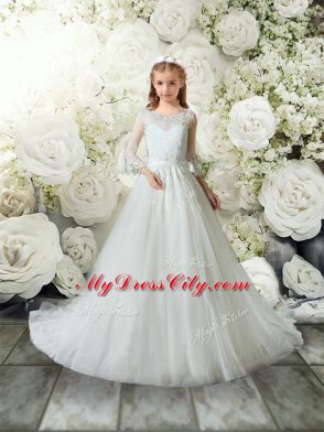 3 4 Length Sleeve Brush Train Clasp Handle Lace Flower Girl Dress