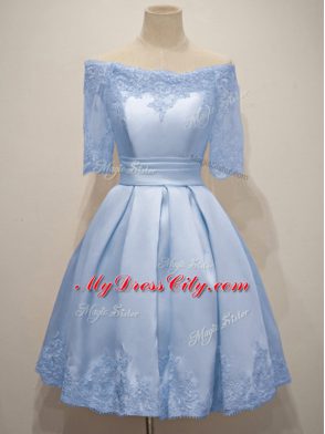 Custom Made Taffeta Half Sleeves Knee Length Bridesmaid Gown and Lace