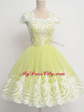 Yellow Green A-line Tulle Square Cap Sleeves Lace Knee Length Zipper Dama Dress