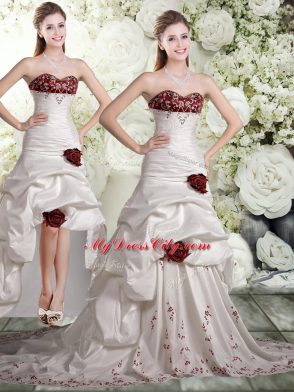 Fancy White And Red Sleeveless Taffeta and Chiffon Brush Train Backless Wedding Dresses for Wedding Party