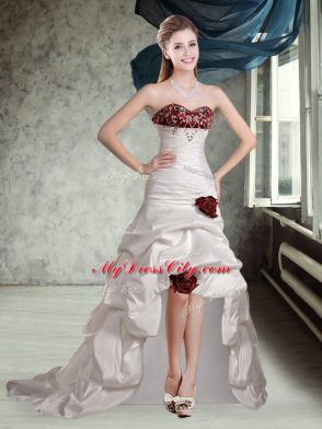 Fancy White And Red Sleeveless Taffeta and Chiffon Brush Train Backless Wedding Dresses for Wedding Party