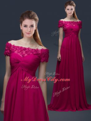 New Arrival Chiffon Off The Shoulder Short Sleeves Lace Up Appliques Mother of the Bride Dress in Fuchsia
