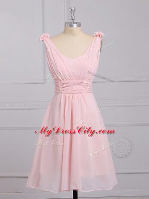 Artistic Sleeveless Chiffon Mini Length Lace Up Quinceanera Court Dresses in Baby Pink with Hand Made Flower