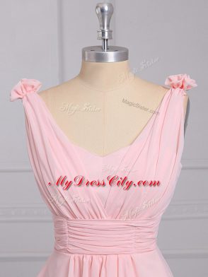 Artistic Sleeveless Chiffon Mini Length Lace Up Quinceanera Court Dresses in Baby Pink with Hand Made Flower