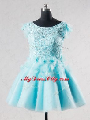 Ideal Short Sleeves Lace and Appliques and Hand Made Flower Backless Prom Evening Gown