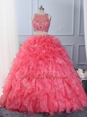 Superior Floor Length Lace Up Ball Gown Prom Dress Hot Pink for Military Ball and Sweet 16 and Quinceanera with Beading and Ruffles