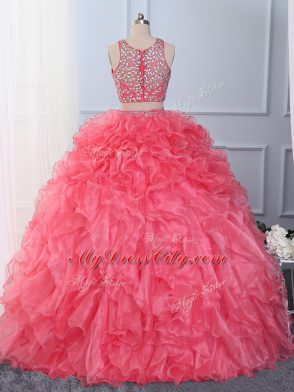 Superior Floor Length Lace Up Ball Gown Prom Dress Hot Pink for Military Ball and Sweet 16 and Quinceanera with Beading and Ruffles