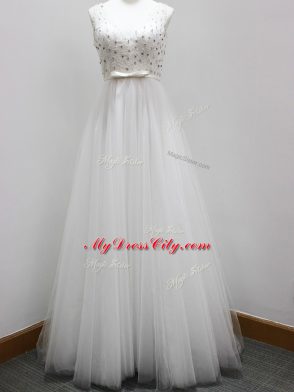 Designer V-neck Sleeveless Vestidos de Damas Brush Train Beading and Belt White Tulle