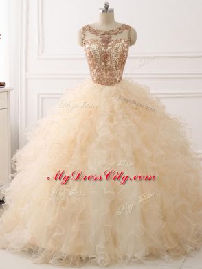 Organza Sleeveless Sweet 16 Dress Sweep Train and Beading and Ruffles
