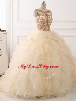 Organza Sleeveless Sweet 16 Dress Sweep Train and Beading and Ruffles