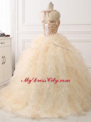 Organza Sleeveless Sweet 16 Dress Sweep Train and Beading and Ruffles