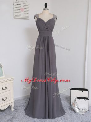 Grey Quinceanera Court Dresses Straps Cap Sleeves Brush Train Zipper