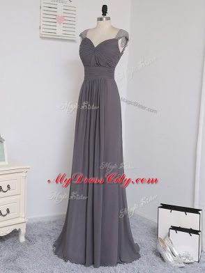 Grey Quinceanera Court Dresses Straps Cap Sleeves Brush Train Zipper