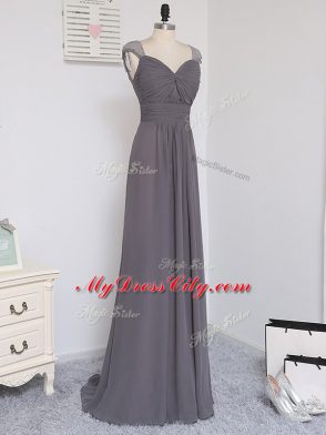 Grey Quinceanera Court Dresses Straps Cap Sleeves Brush Train Zipper