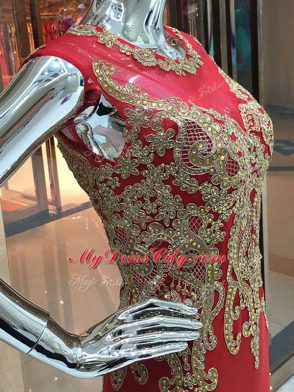 Beading and Appliques Red Zipper Sleeveless Floor Length