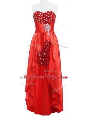 Coral Red Sleeveless Floor Length Beading and Ruching Zipper Dress for Prom