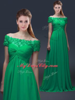 Floor Length Green Mother Dresses Off The Shoulder Short Sleeves Lace Up