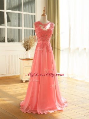 Colorful Empire Formal Evening Gowns Watermelon Red Scoop Chiffon Sleeveless Floor Length Zipper