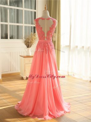 Colorful Empire Formal Evening Gowns Watermelon Red Scoop Chiffon Sleeveless Floor Length Zipper