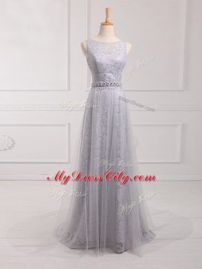 Grey Zipper Quinceanera Dama Dress Beading and Lace Sleeveless Brush Train