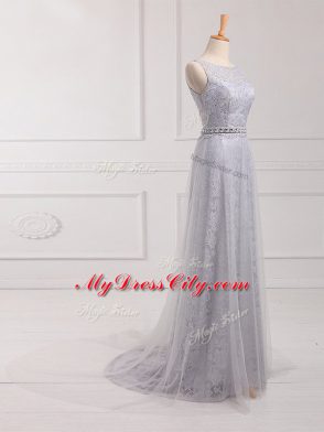 Grey Zipper Quinceanera Dama Dress Beading and Lace Sleeveless Brush Train