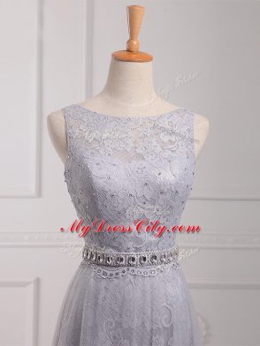 Grey Zipper Quinceanera Dama Dress Beading and Lace Sleeveless Brush Train