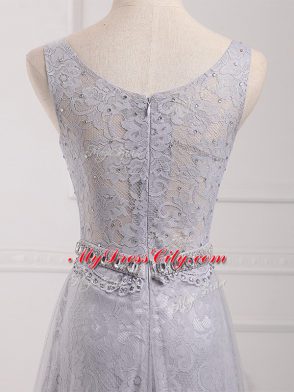 Grey Zipper Quinceanera Dama Dress Beading and Lace Sleeveless Brush Train