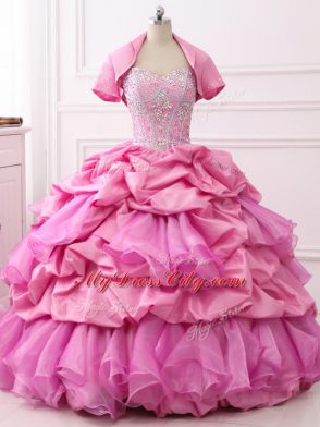 Floor Length Rose Pink Quince Ball Gowns Organza and Taffeta Sleeveless Beading and Ruffles and Pick Ups