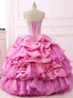 Floor Length Rose Pink Quince Ball Gowns Organza and Taffeta Sleeveless Beading and Ruffles and Pick Ups