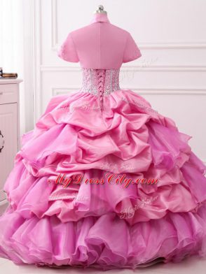 Floor Length Rose Pink Quince Ball Gowns Organza and Taffeta Sleeveless Beading and Ruffles and Pick Ups