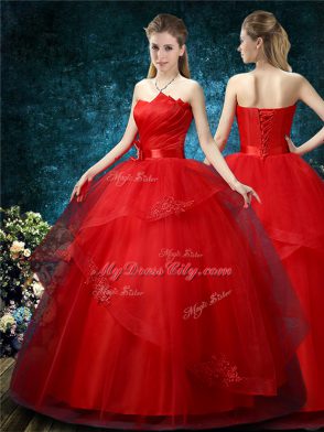Fashion Red Sleeveless Floor Length Appliques Lace Up Wedding Gowns